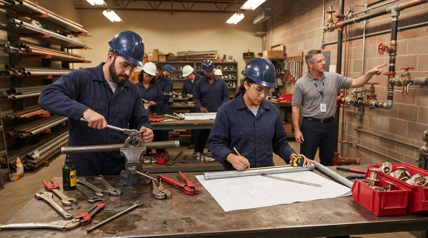 Adult students in navy uniforms, hard hats, and safety glasses thread steel pipe and measure galvanized pipe at workbenches…