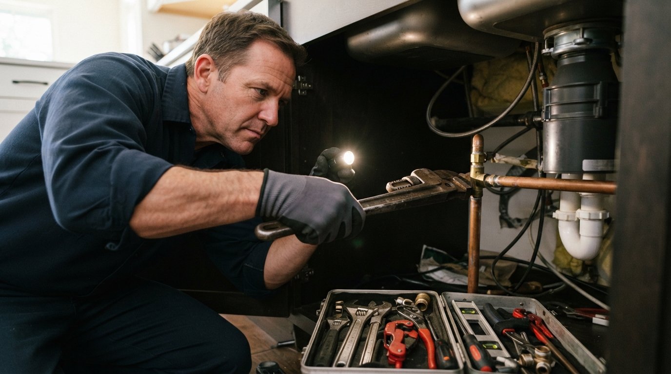 Professional plumber in navy shirt and gloves tightening a copper pipe fitting with a wrench under a kitchen sink, toolbox…
