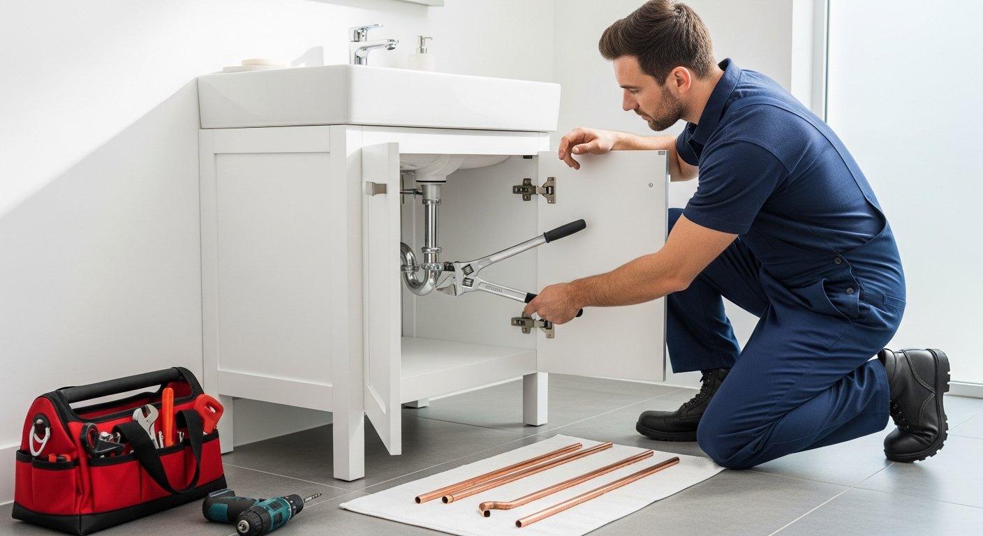 Plumber in navy uniform tightening a chrome pipe fitting under a white bathroom sink with an adjustable wrench