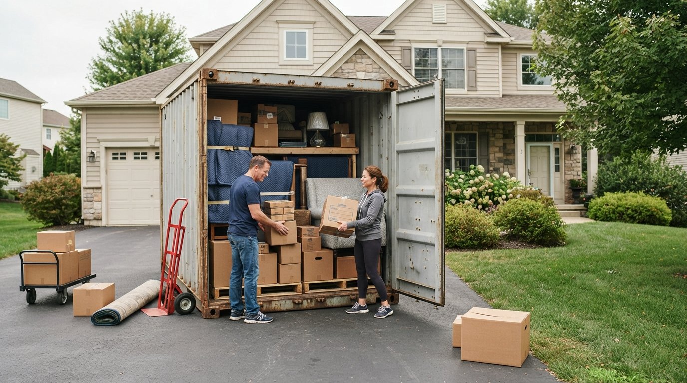 Man and woman loading boxes and wrapped furniture into an open steel portable storage container on a suburban driveway