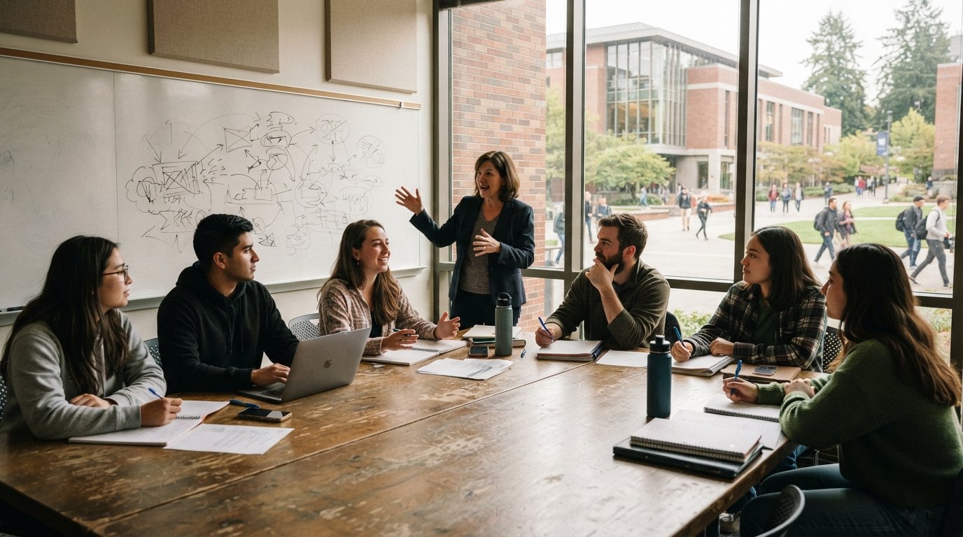 College students seated around a wooden table with notebooks and laptops in a sunlit classroom as a professor gestures…