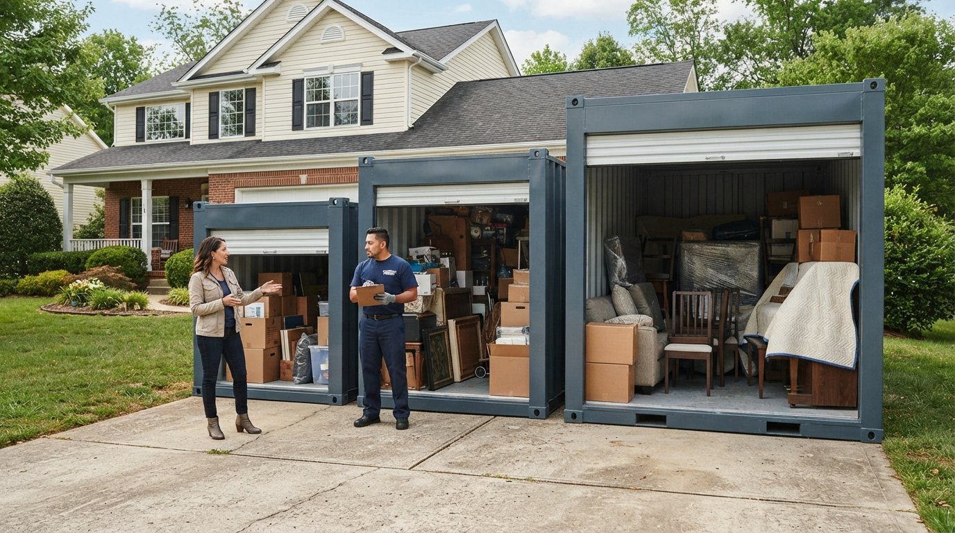 Three portable storage containers in small, medium, and large sizes sit open on a concrete driveway, showing packed boxes,…