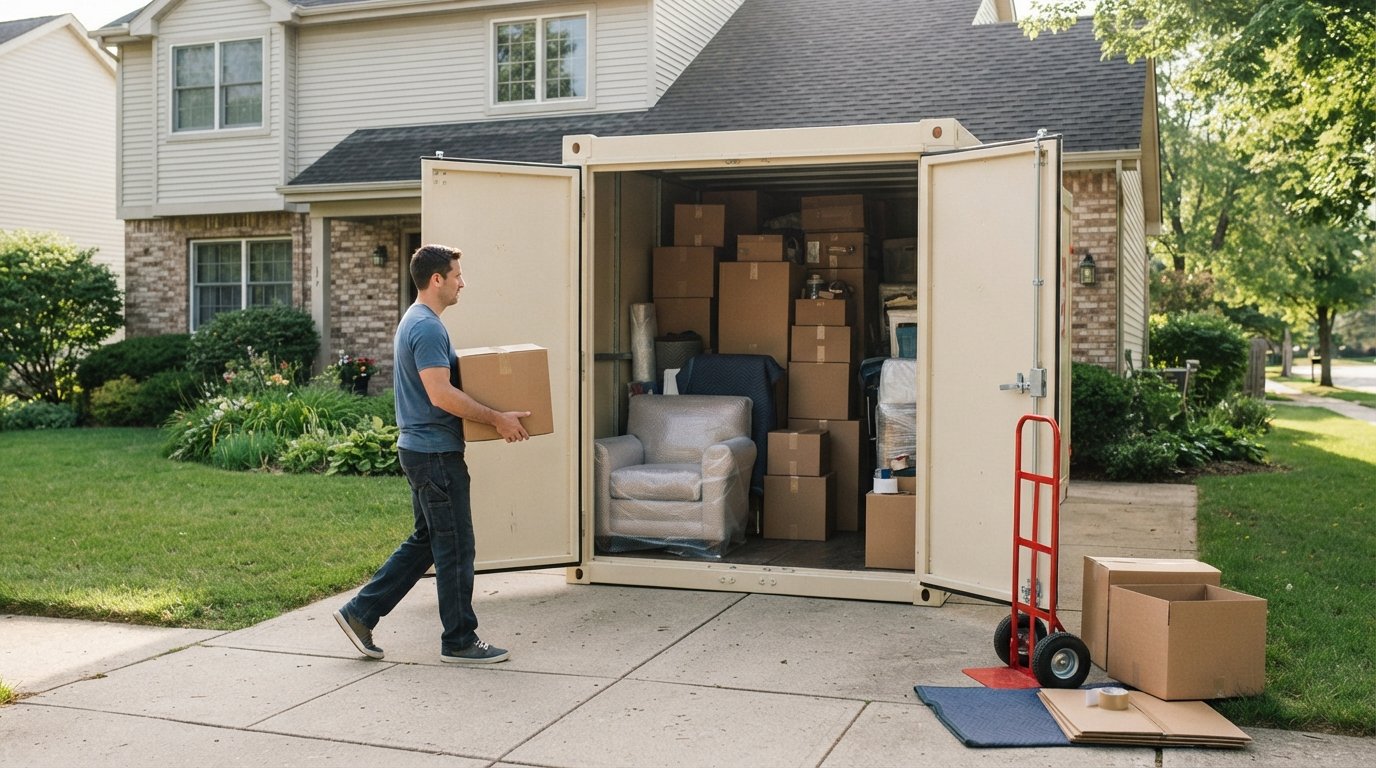Open portable storage container in a residential driveway, filled with stacked boxes and wrapped furniture as a homeowner…