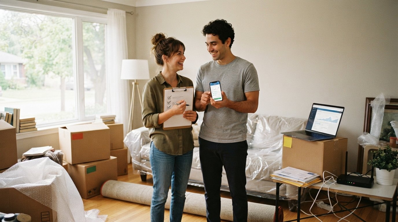 Young couple in a bright living room with boxes, holding a smartphone and checklist while a laptop shows a utility account…