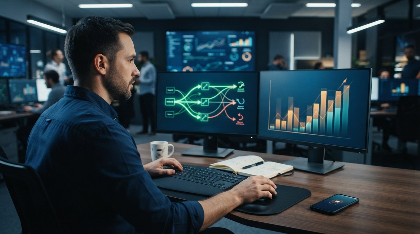Analyst in a dark blue shirt at a dual-monitor desk, one screen showing a green lead routing flow diagram, the other amber…