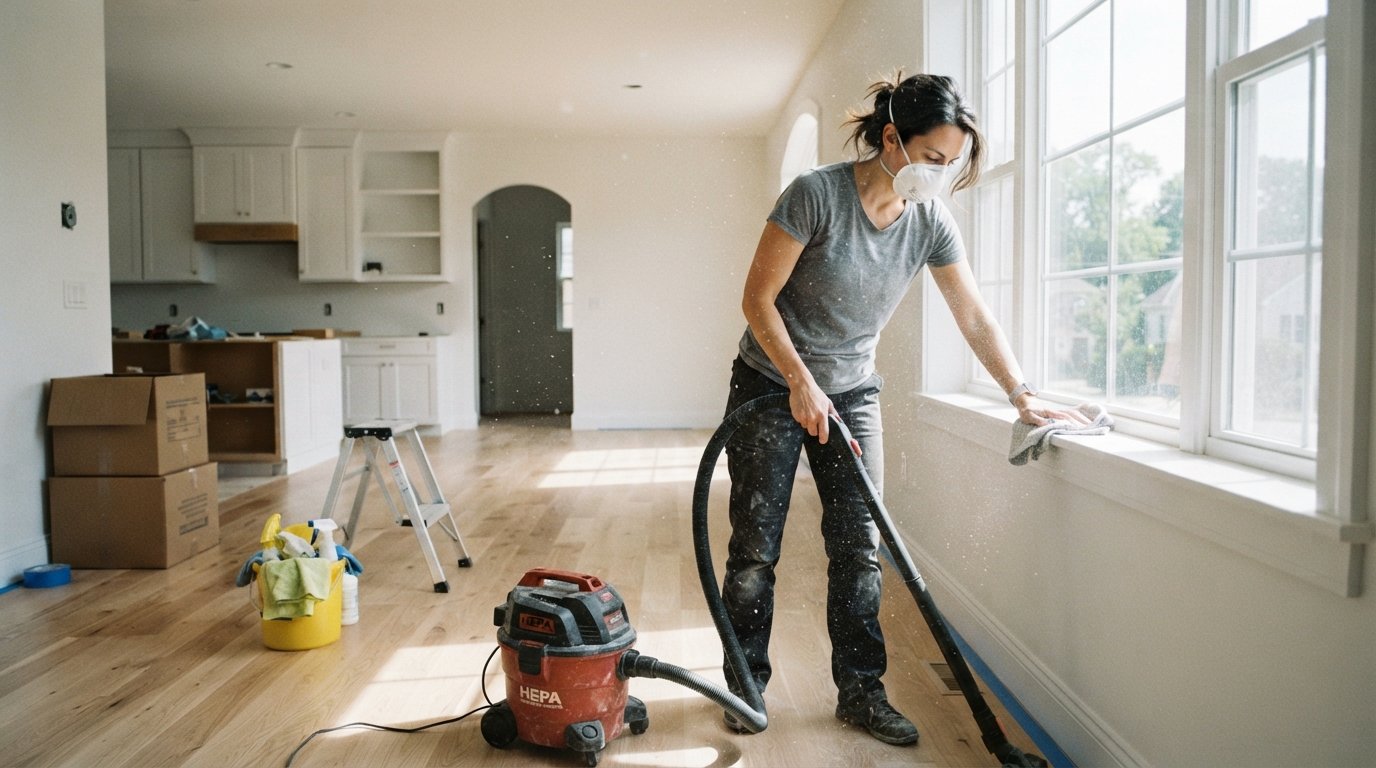 Homeowner in dust mask wipes drywall dust from a windowsill with a microfiber cloth in a renovated room with light oak…