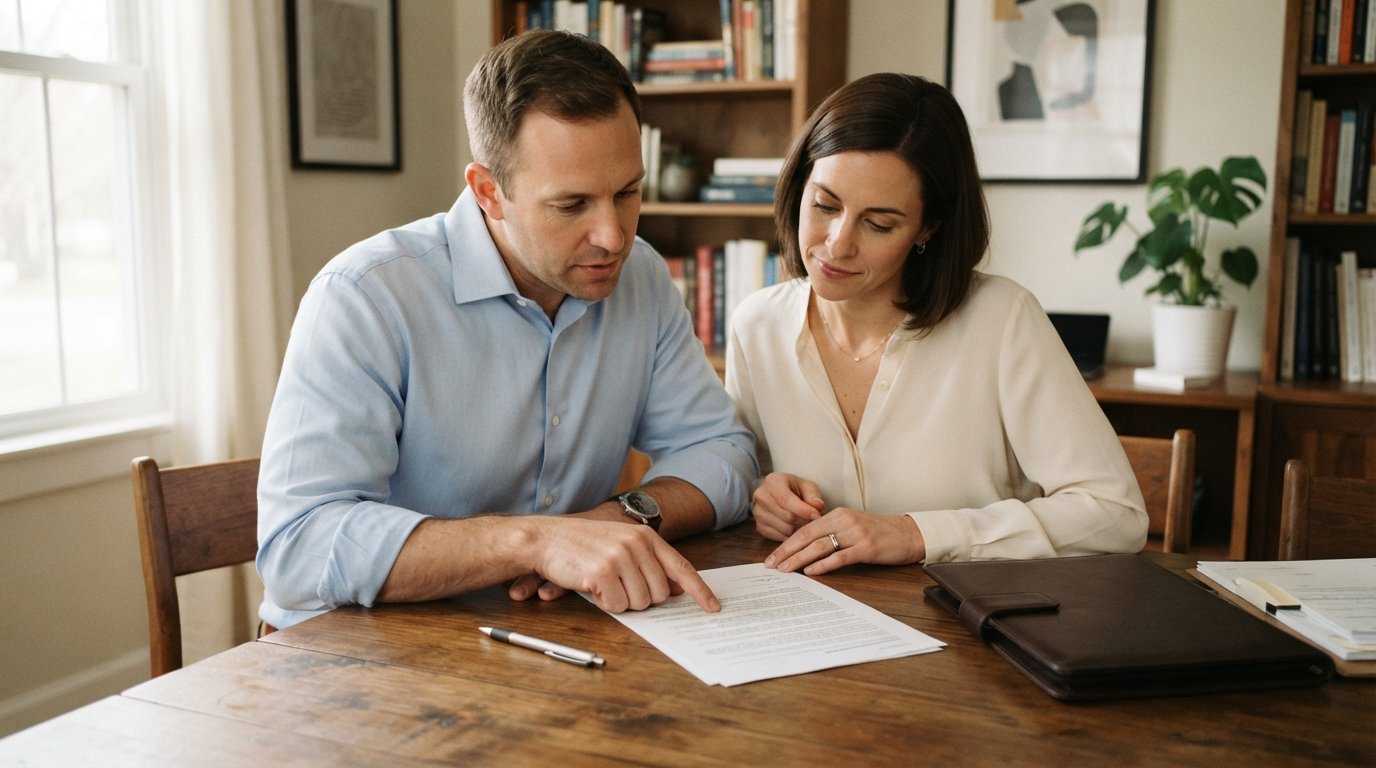 Married couple in their late 30s reviewing a legal document at a wooden dining table in a warmly lit home office