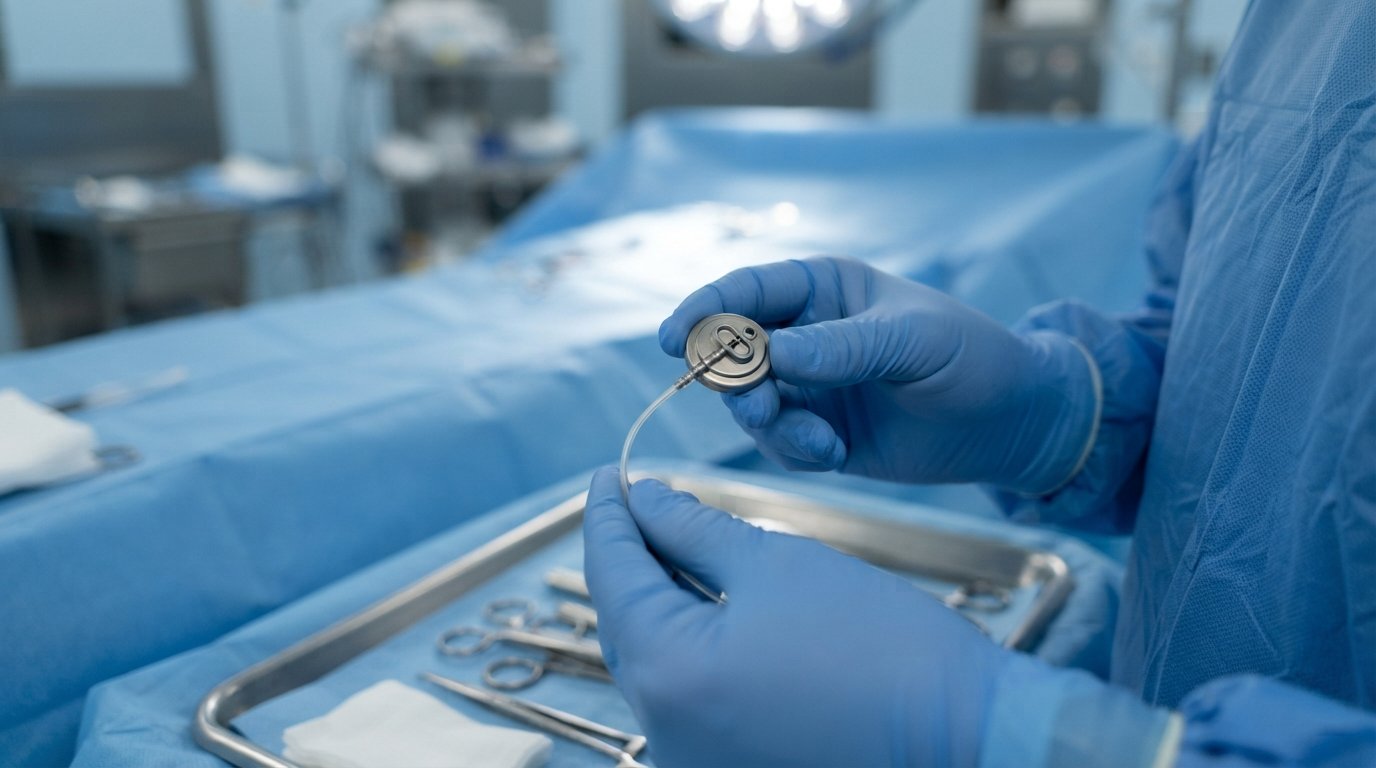 Gloved hands holding an implantable port catheter with titanium body and flexible tube over a steel medical tray