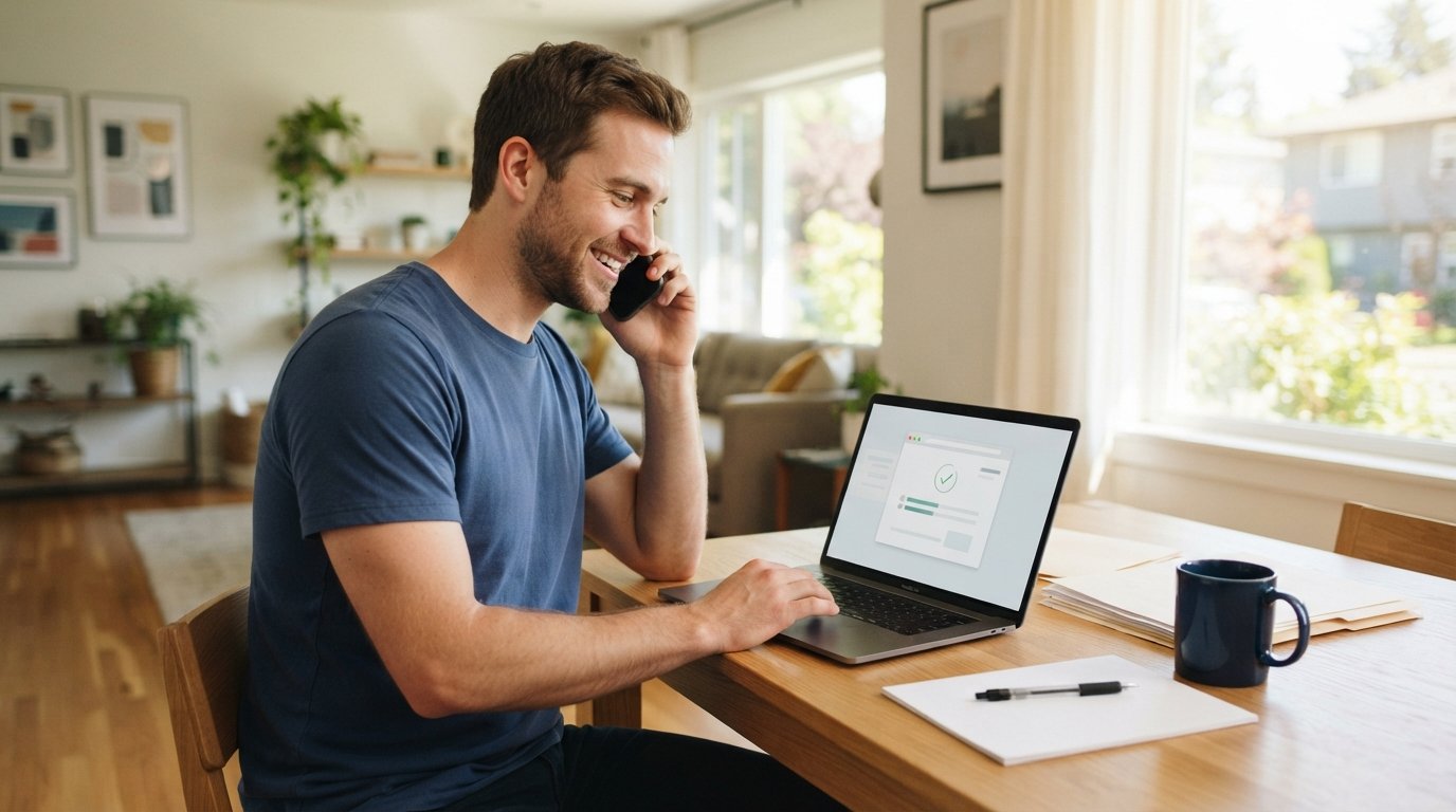 Smiling man in a navy t-shirt at a kitchen table holds a phone to his ear while looking at a laptop, with paperwork, a pen,…