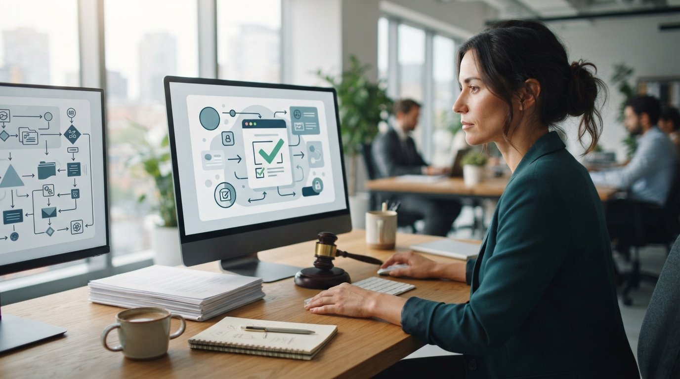 Marketer at a desk reviewing a lead form with a consent checkbox on a large monitor, gavel and legal document beside a…