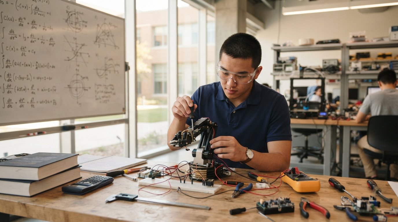 Student in safety glasses and navy polo examines a small robotic arm on a lab workbench, with calculus equations on a…