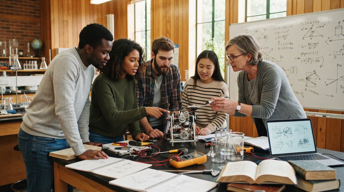 Diverse college students and a professor gather around a lab table with a mechanical prototype, calipers, beakers, and a…