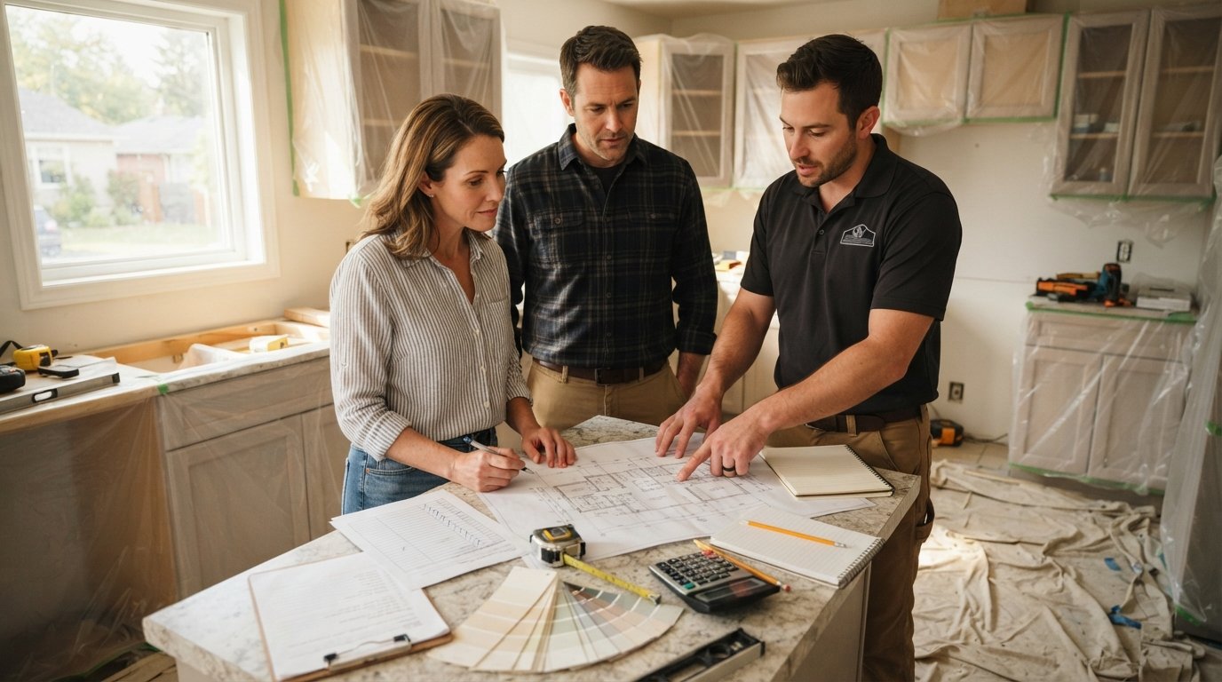 Couple and contractor review a renovation checklist, blueprint, paint swatches, and calculator at a kitchen counter with…