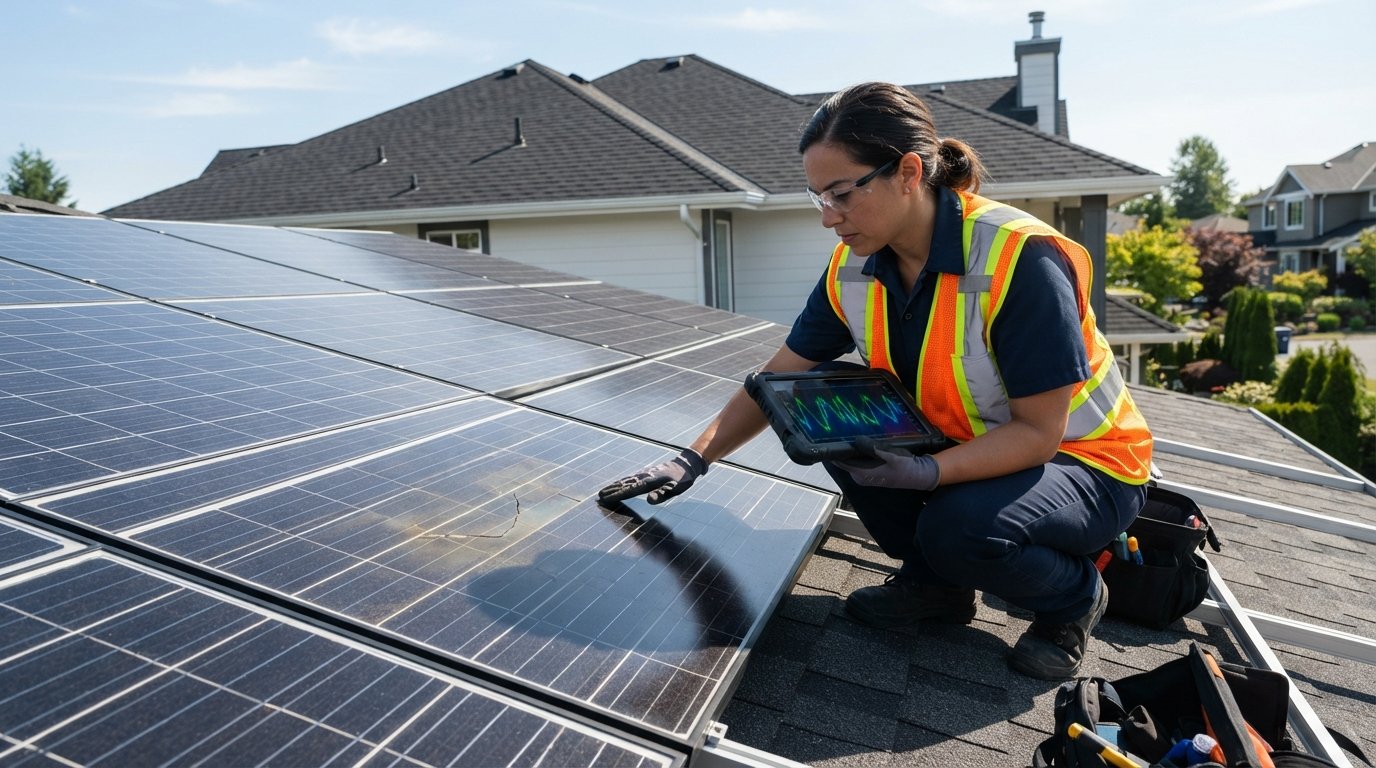 Technician in safety vest using a tablet to inspect rooftop solar panels, with one cracked panel in the foreground