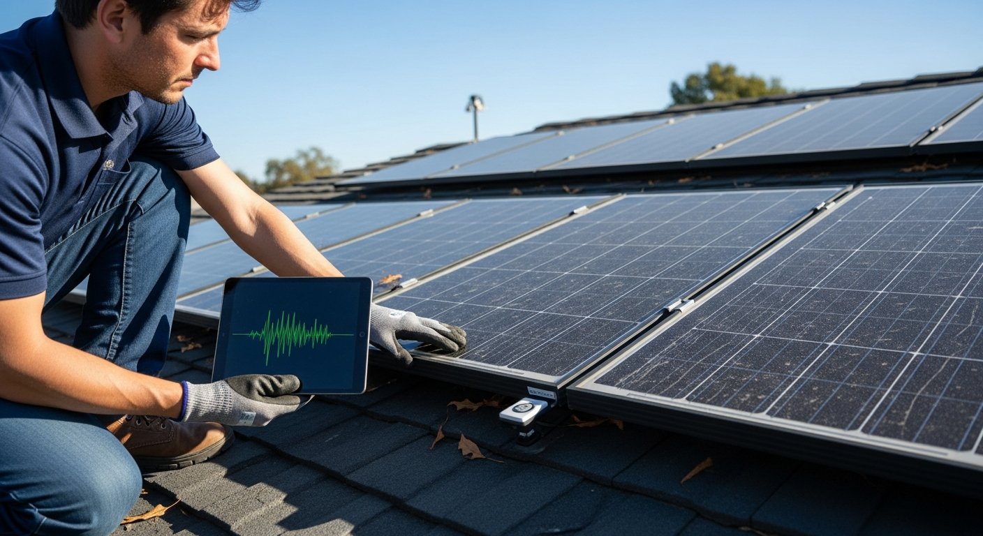 Technician in navy shirt and gloves uses a tablet to inspect rooftop solar panels under bright sunlight, one panel lifted…