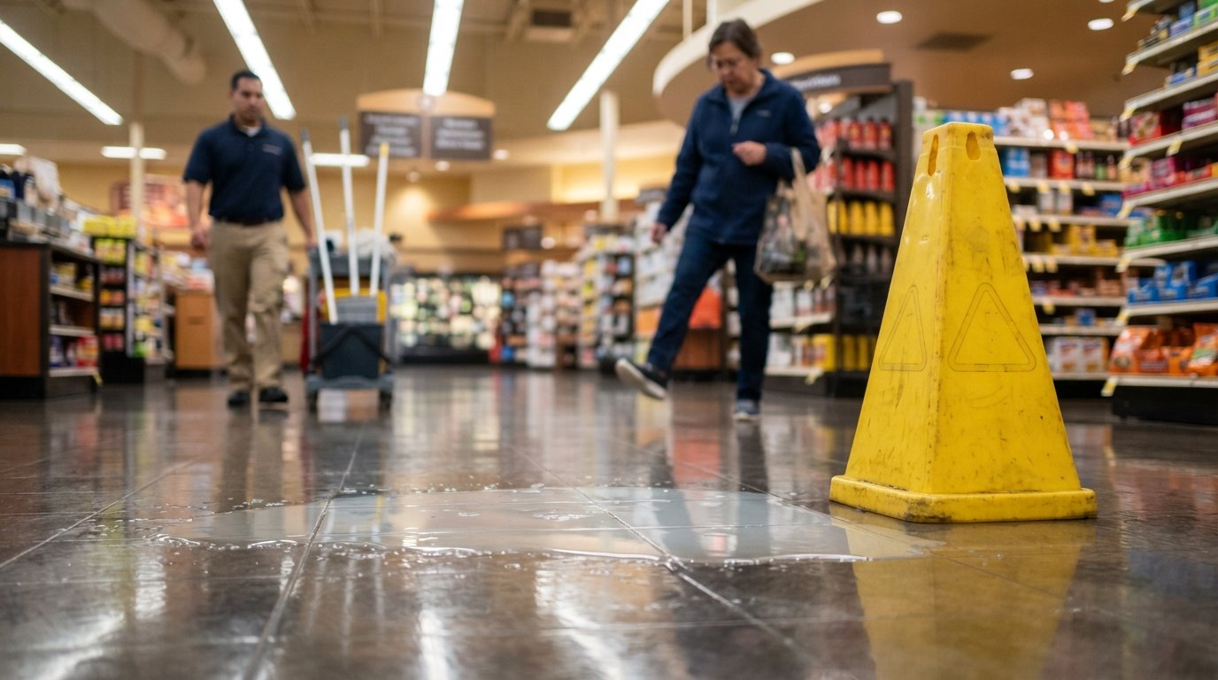 Wet floor cone beside a clear liquid spill on a polished grocery store aisle as a shopper steps around it and an employee…