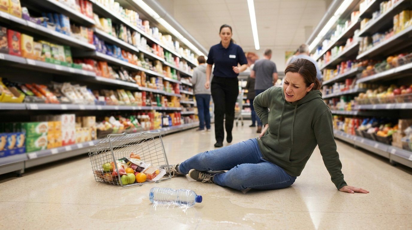 Shopper sitting on polished tile floor beside spilled liquid and fallen bottle, gripping their lower back as a store…