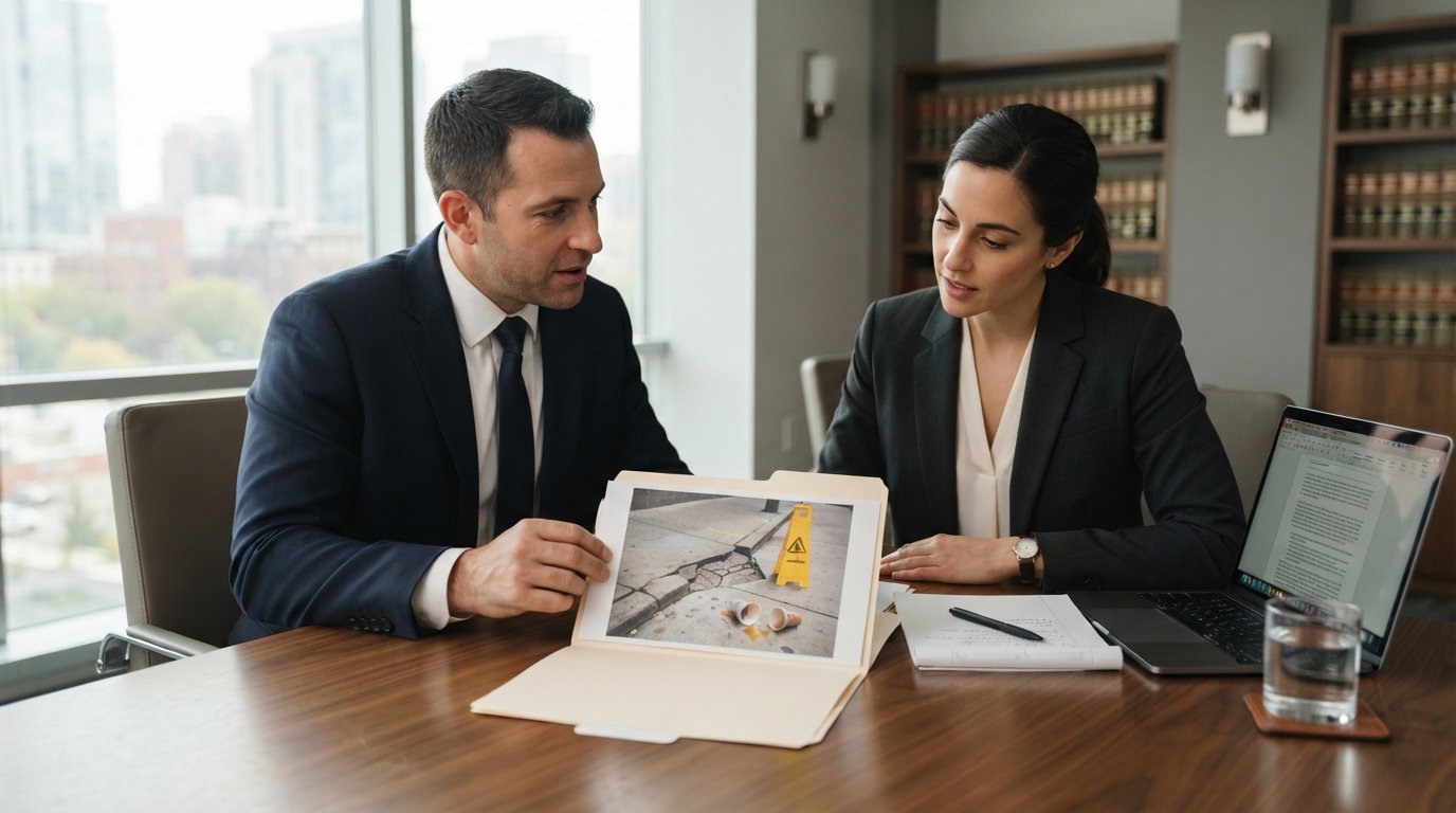 Two attorneys in dark suits review an open case file showing a cracked sidewalk photo, caution cone, and spilled coffee cup…