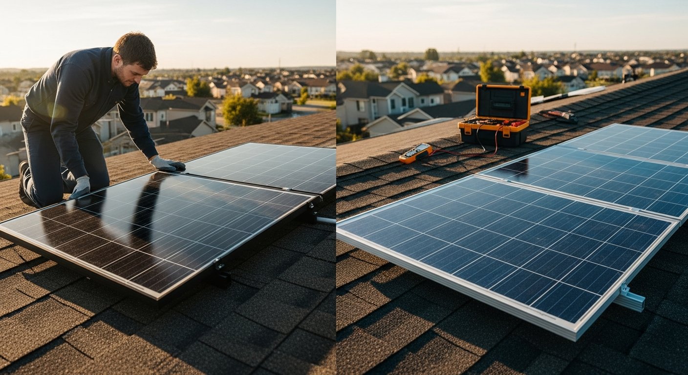Solar installer in navy uniform inspects a sleek all-black premium panel beside a standard blue panel with silver grid…
