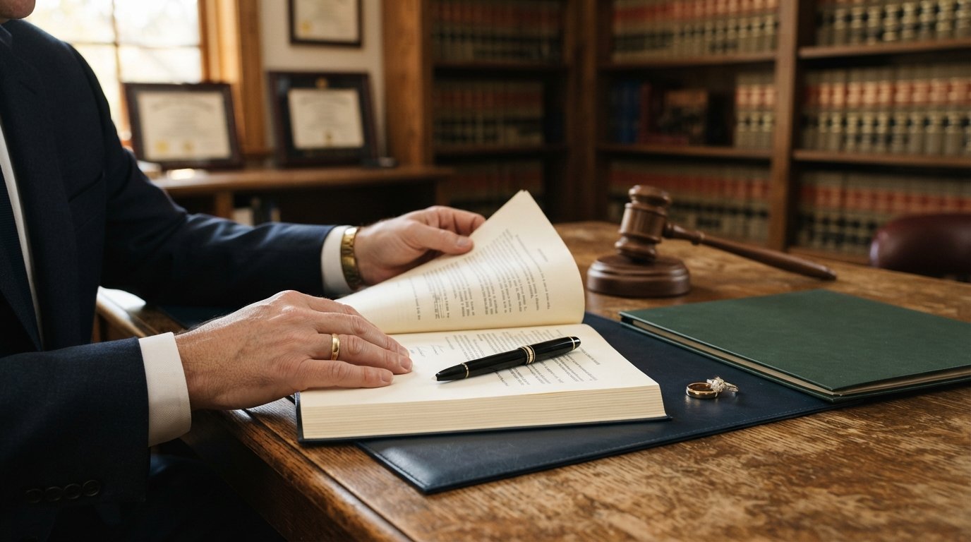 Attorney in a dark suit reviews a prenuptial agreement on a wooden desk with a fountain pen, gavel, wedding rings, and law…