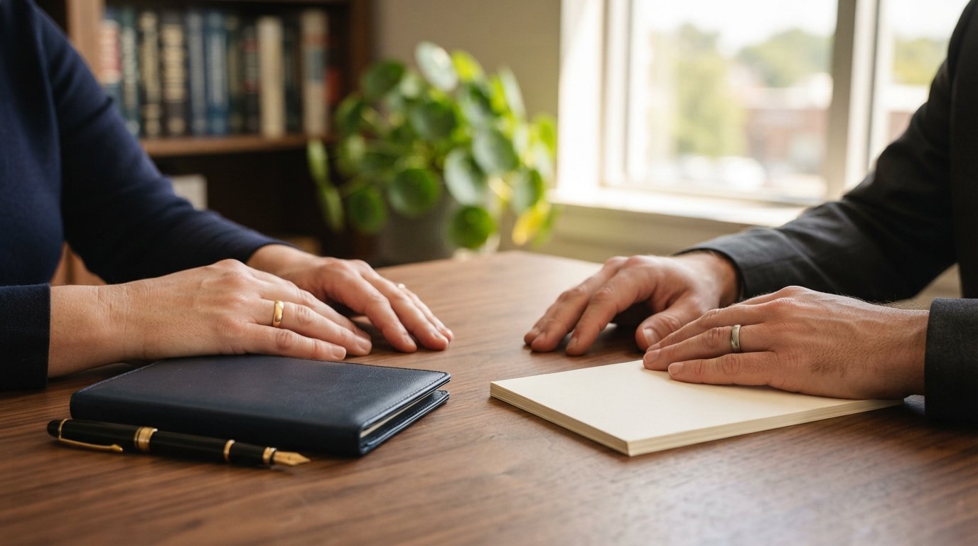 Two pairs of hands with wedding rings rest on a wooden conference table beside a leather document folder, fountain pen, and…