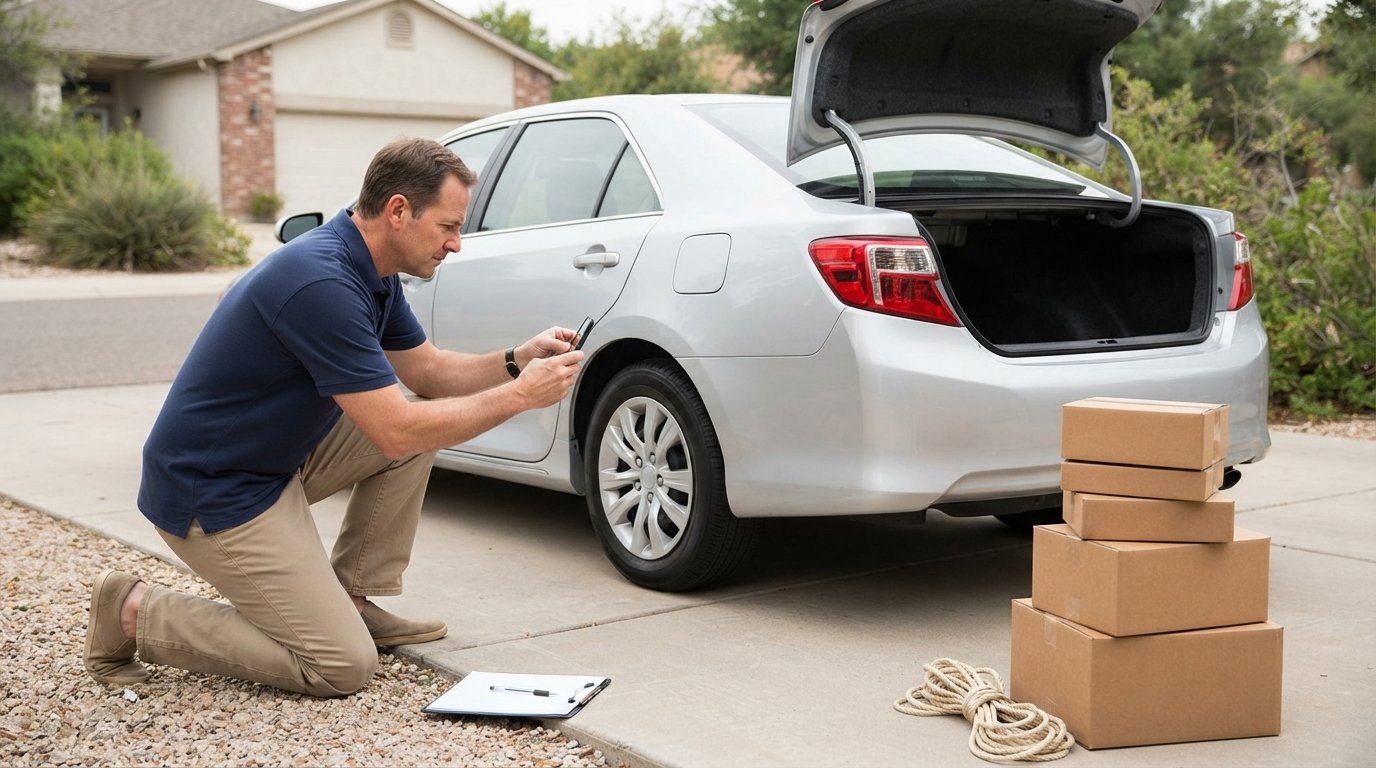 Man kneeling beside a clean silver sedan with open trunk, photographing the side panel while a clipboard checklist and…