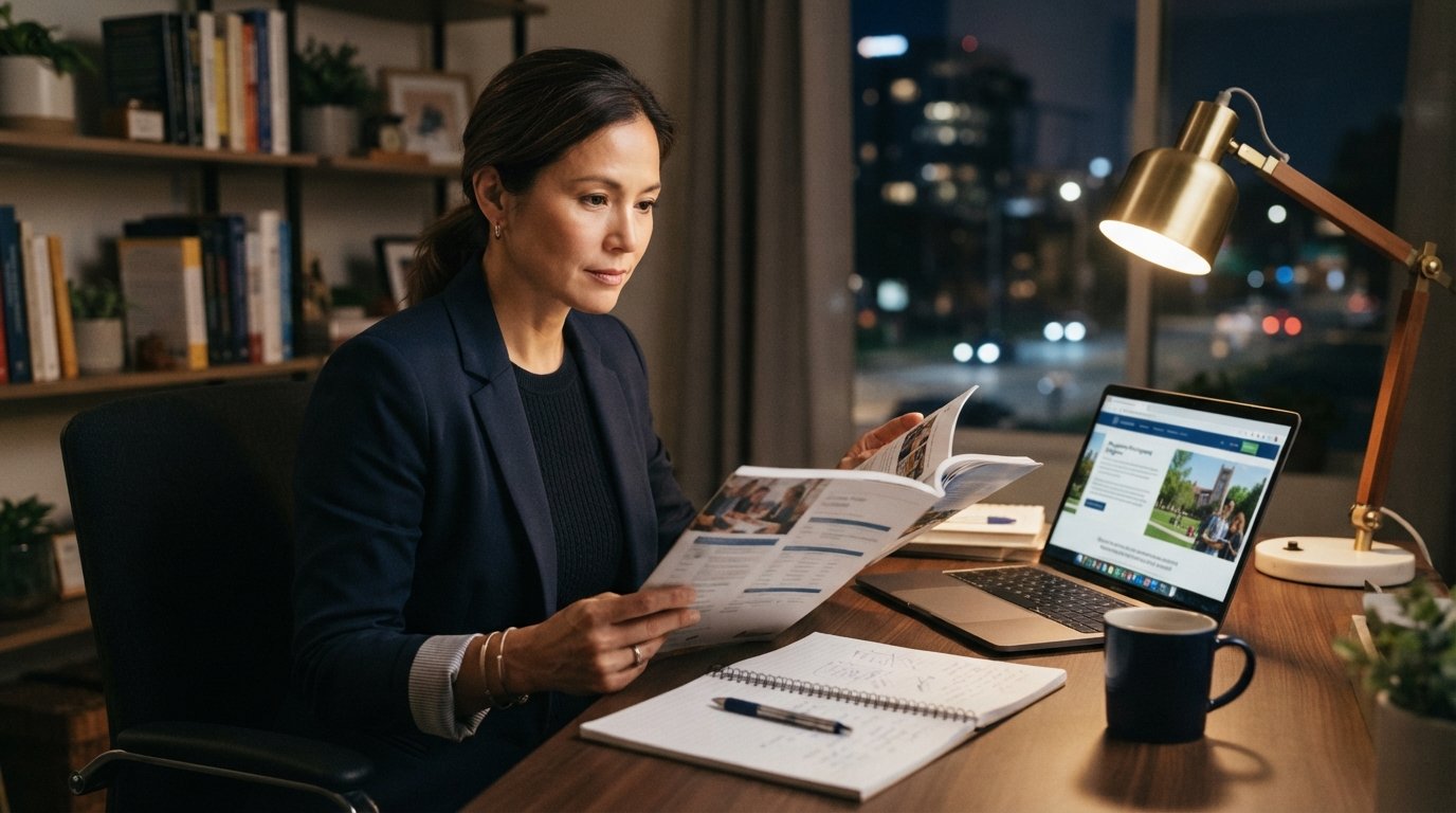 Adult in a blazer at a home desk at night comparing a printed course catalog with a degree program on a laptop beside a…