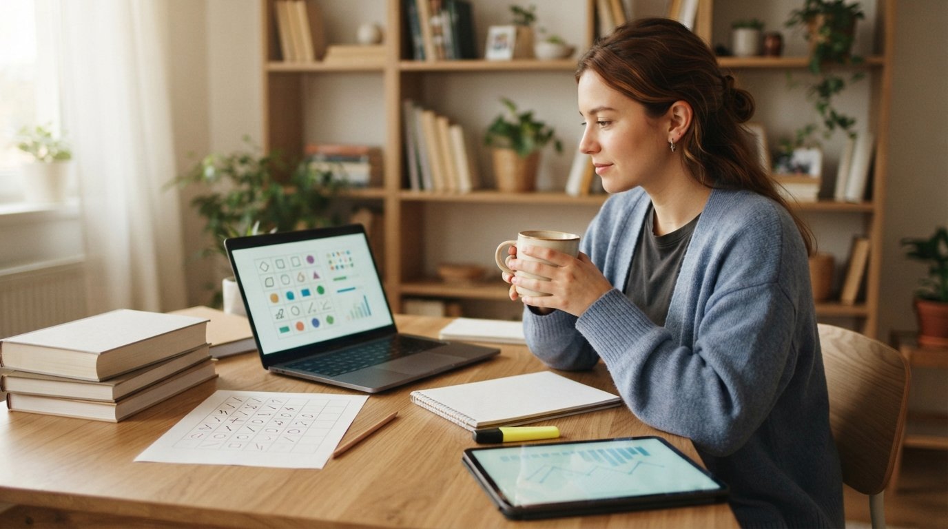 Young professional at a wooden desk with test-prep books, a laptop showing a practice exam, and a printed study calendar,…