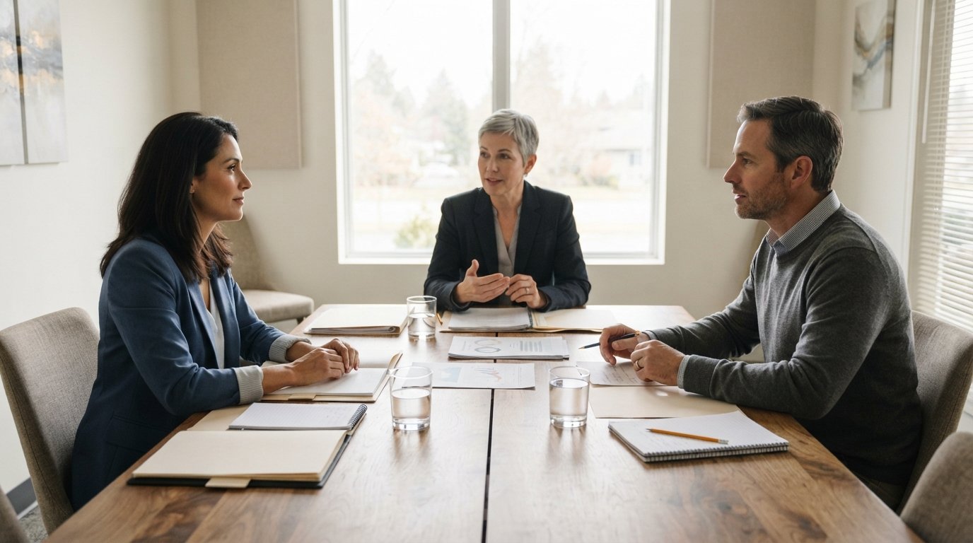 Two people in business casual attire sit across a wooden table with a neutral facilitator, surrounded by folders,…