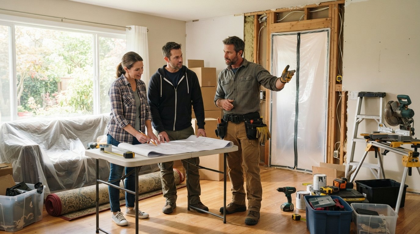 Couple in work clothes review a printed renovation plan at a folding table in a cleared living room, as a contractor…