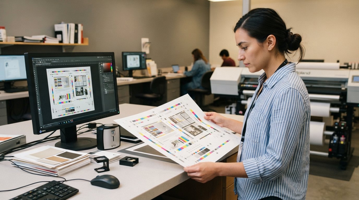 Student in a button-down shirt inspecting a printed color proof sheet next to a desktop computer showing a print layout…