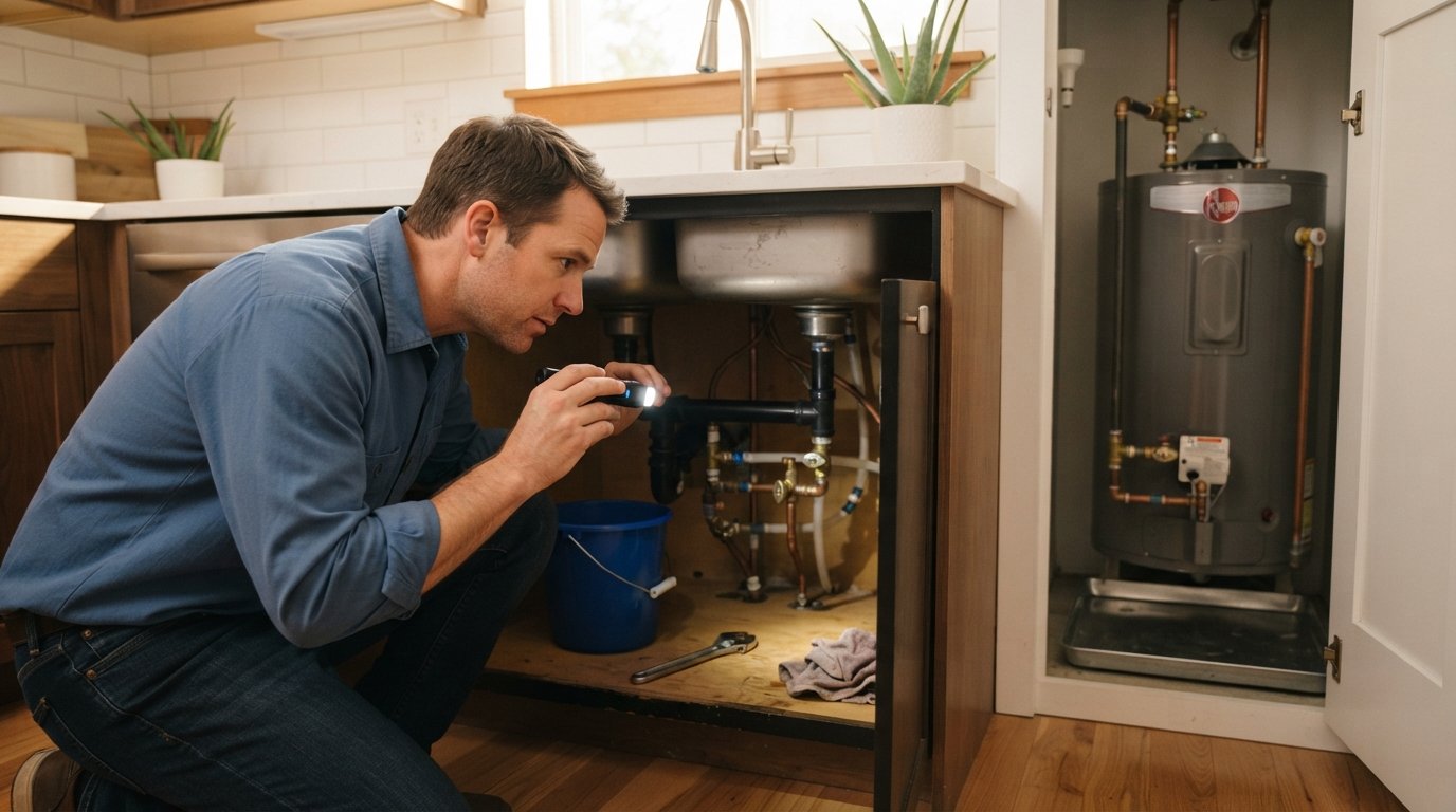 Homeowner in a blue shirt shines a flashlight on copper pipes and shutoff valves under a kitchen sink, with a bucket and…