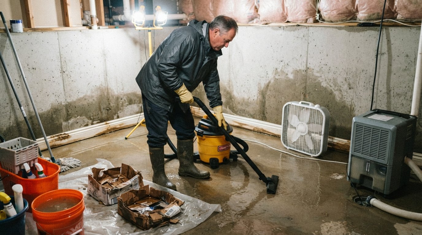 Person in waterproof gear and rubber gloves using a wet/dry shop vacuum on a flooded basement floor, with a box fan,…