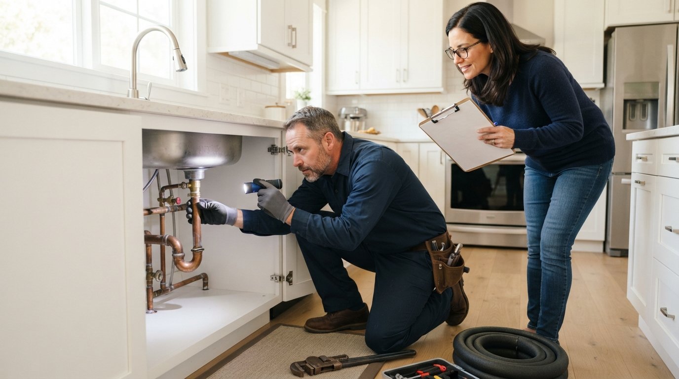 Plumber in navy uniform kneeling under a kitchen sink inspecting copper pipes with a flashlight as a homeowner holds a…