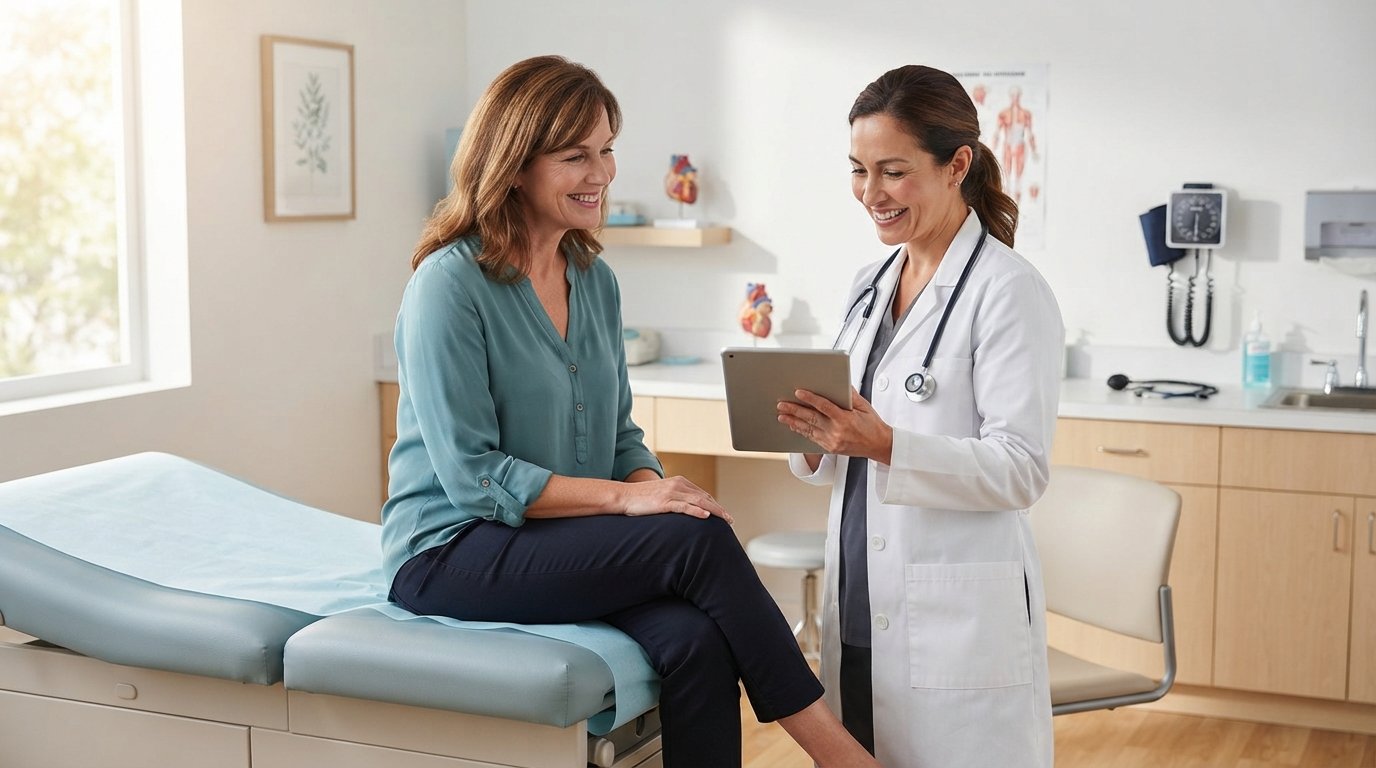 Female physician in white coat shows a tablet to a smiling middle-aged woman seated on an exam table in a bright, modern…