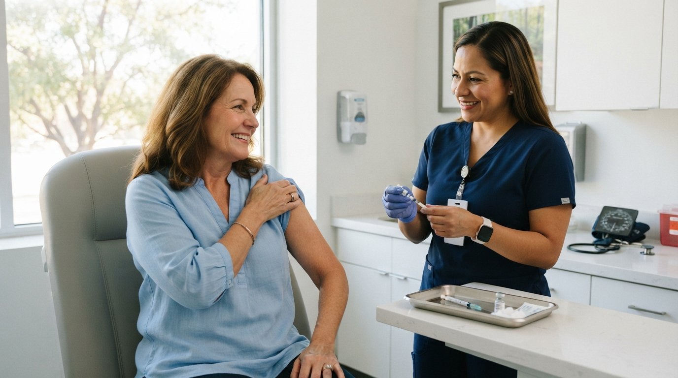 Smiling woman in a light blue blouse rolls up her sleeve as a nurse in navy scrubs prepares a vaccine tray in a bright exam…