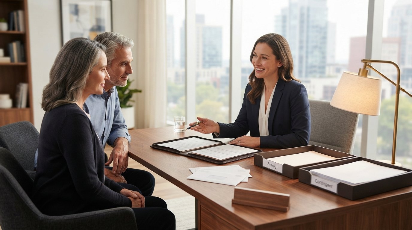 Financial advisor in navy blazer gestures toward an open document folder while a couple reviews papers at a walnut desk in…