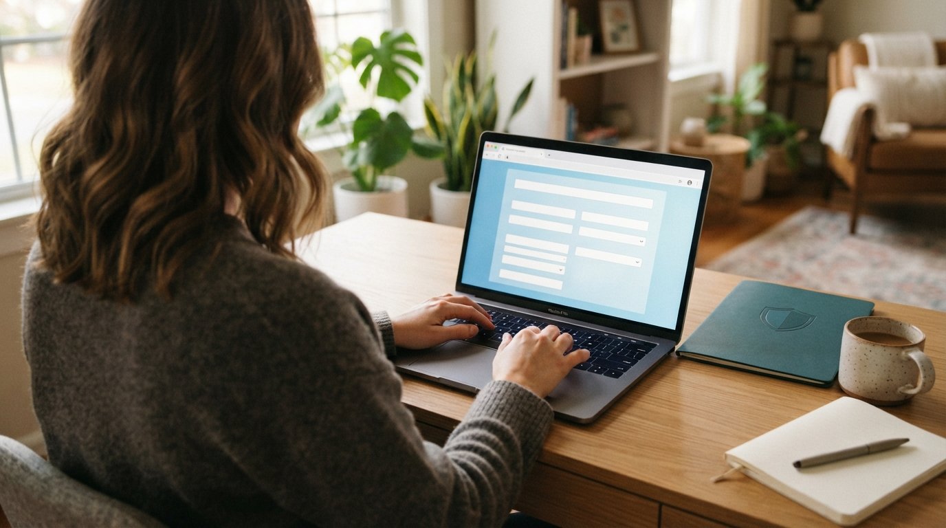 Person at a home desk typing on a laptop showing an insurance quote form with blank fields and a padlock icon in the…