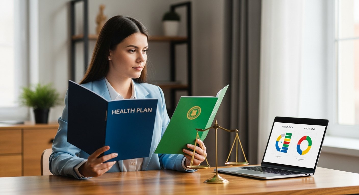 Woman in her 30s at a home desk holding blue private insurance and green government plan brochures, laptop showing…