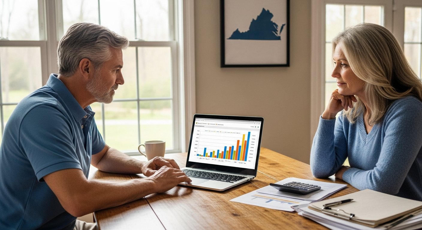 Middle-aged couple sitting at a wooden kitchen table reviewing a health insurance comparison chart on a laptop with a…