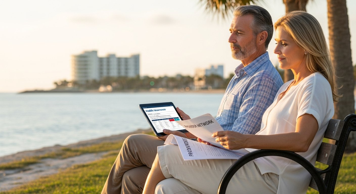 Middle-aged couple sitting on a park bench at sunset overlooking the Gulf of Mexico, man holds tablet with insurance…