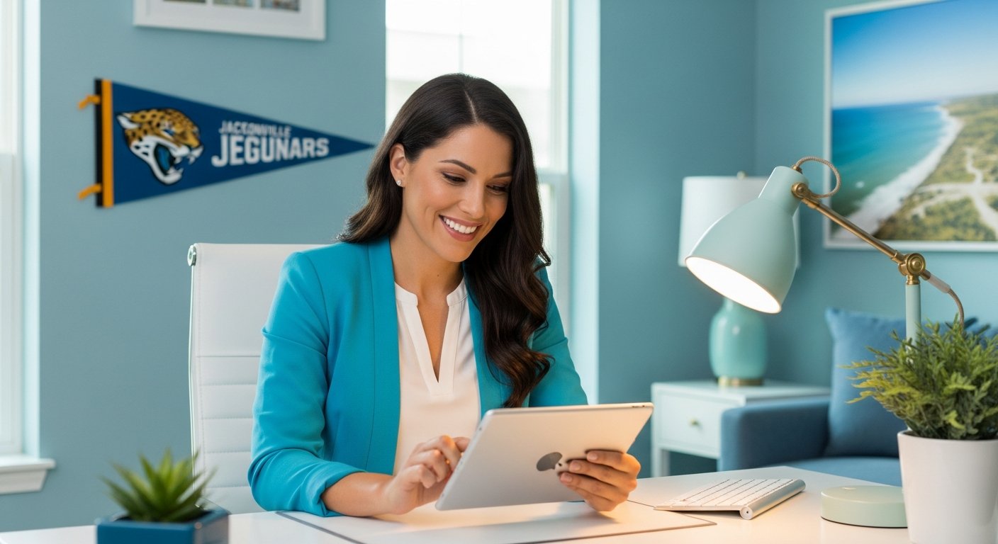 Smiling woman in her 30s seated at a modern home office desk, reviewing health plan details on a tablet, with a…