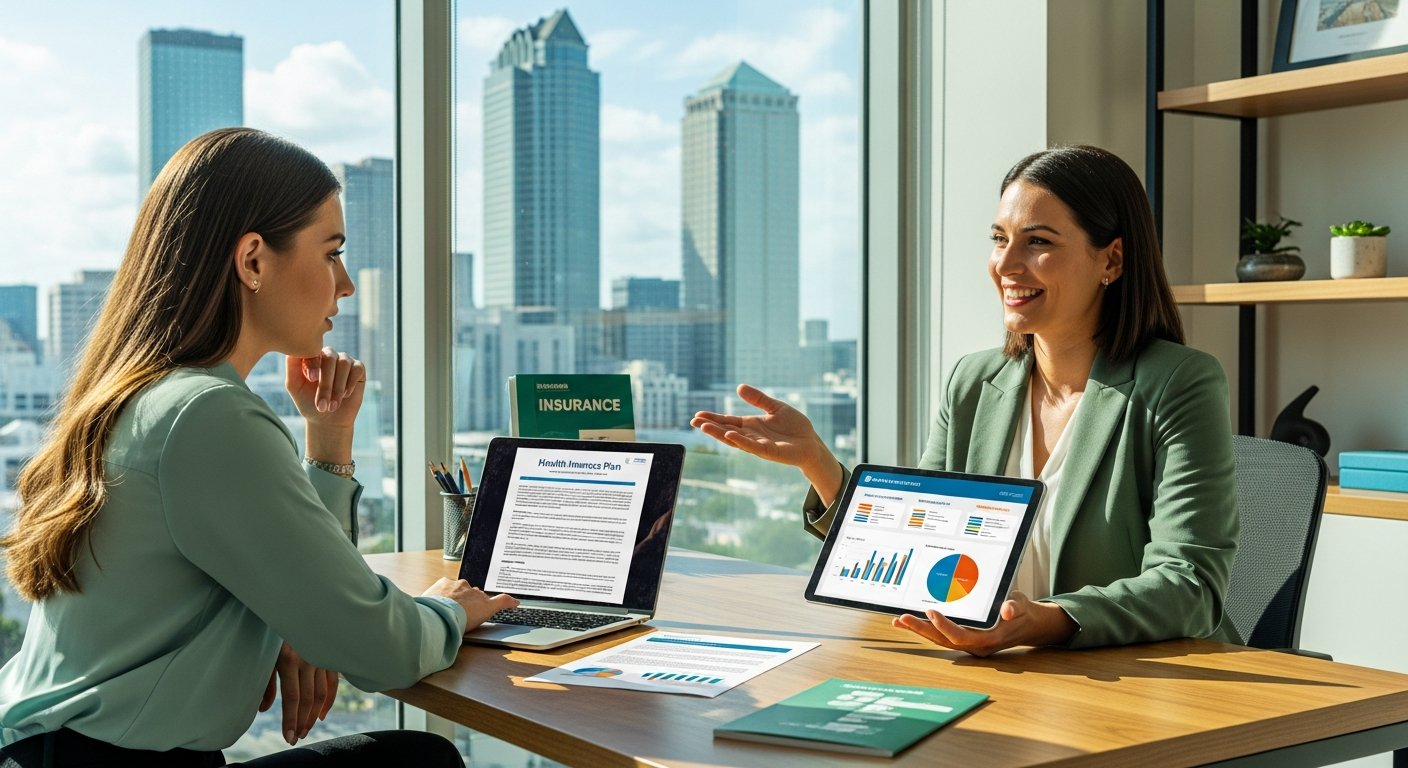 Young professional woman in business casual attire reviews a health insurance document on her laptop while a licensed…