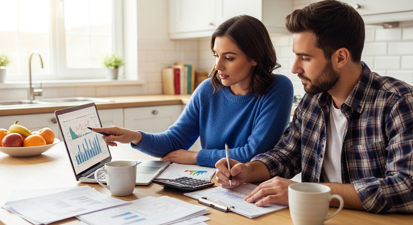 A married couple in their late 30s reviews health insurance plan documents on a laptop at a bright kitchen table, with a…