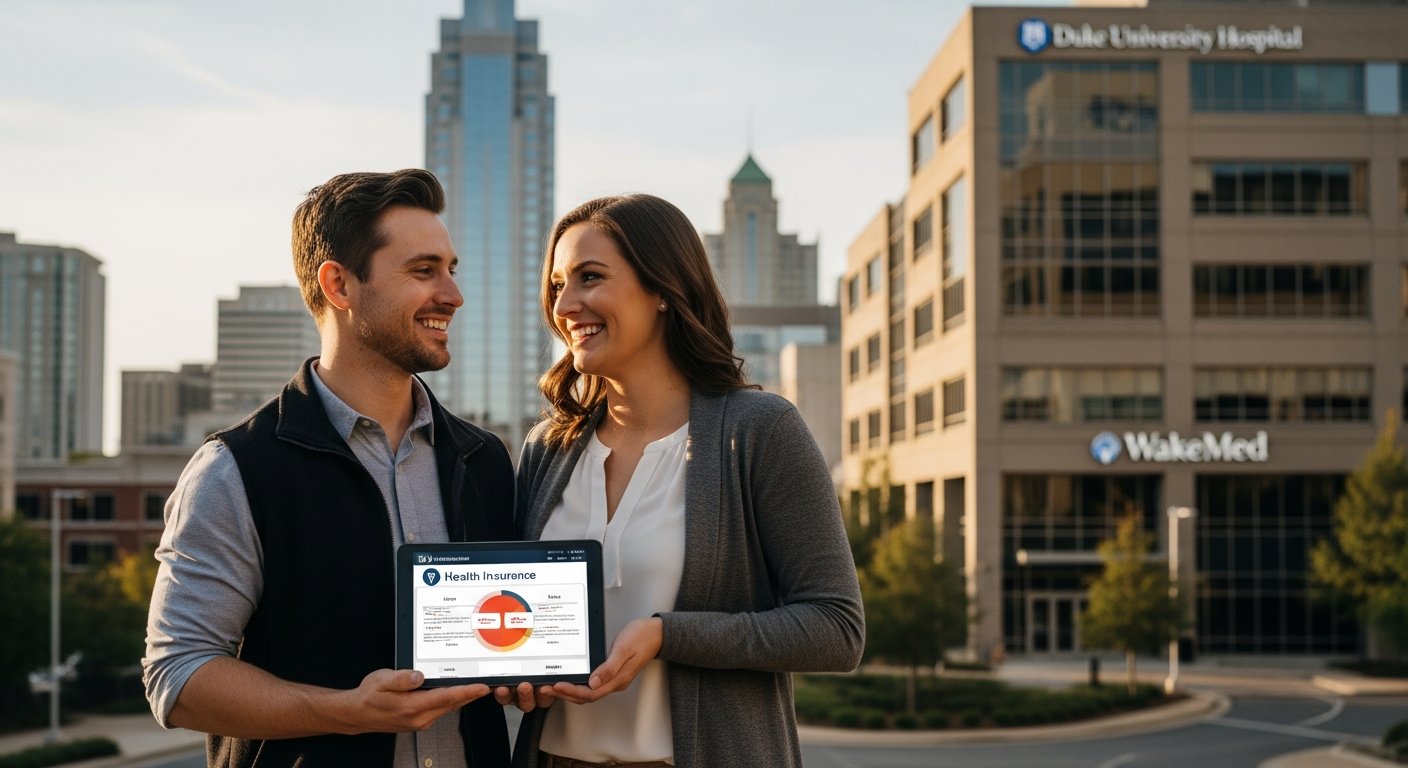 Smiling couple in their 30s holding a tablet outdoors near a modern Raleigh office building, with the city skyline visible…
