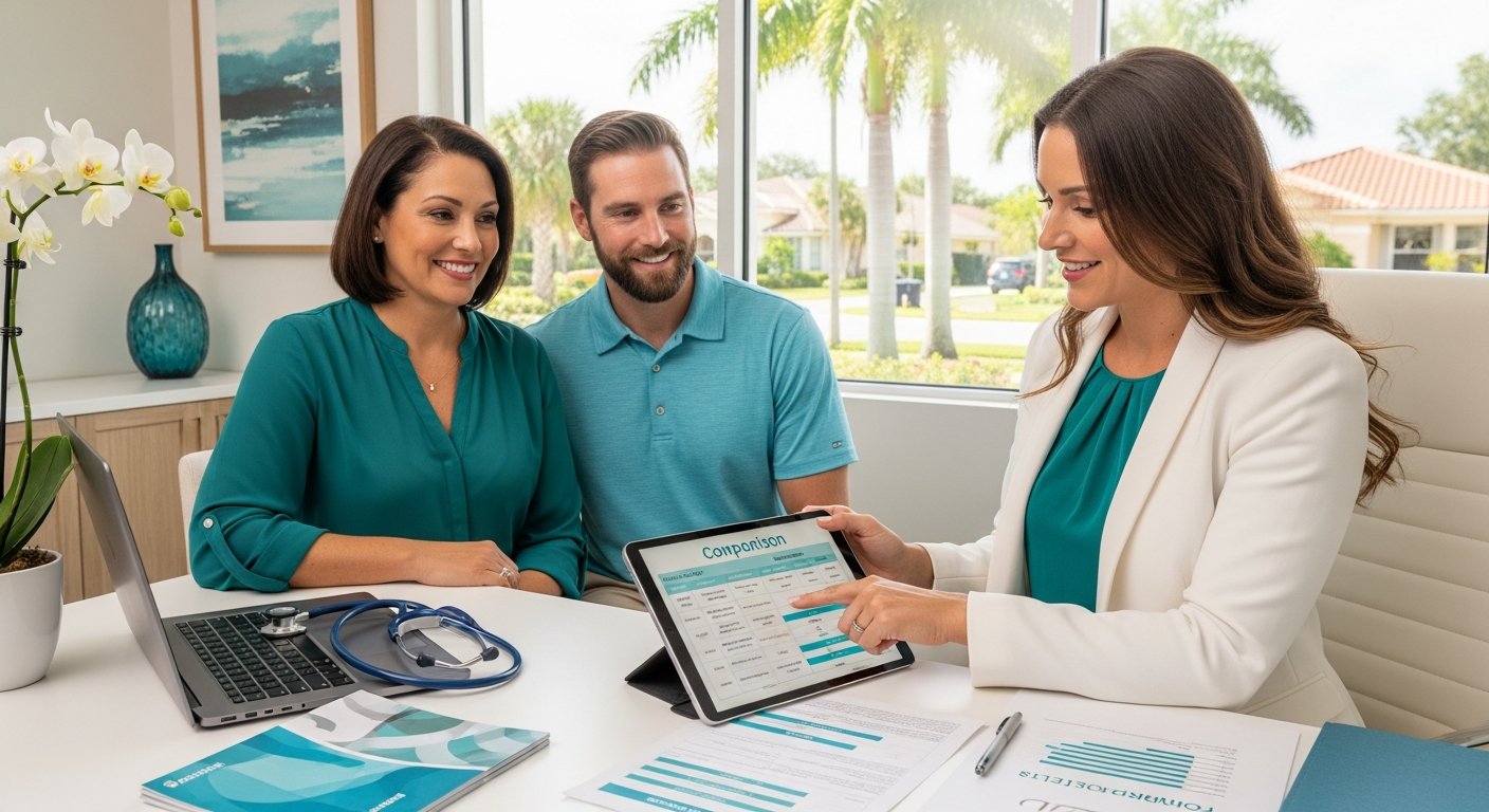 Insurance advisor shows a comparison chart on a tablet to a smiling couple at a bright desk, with palm trees visible…