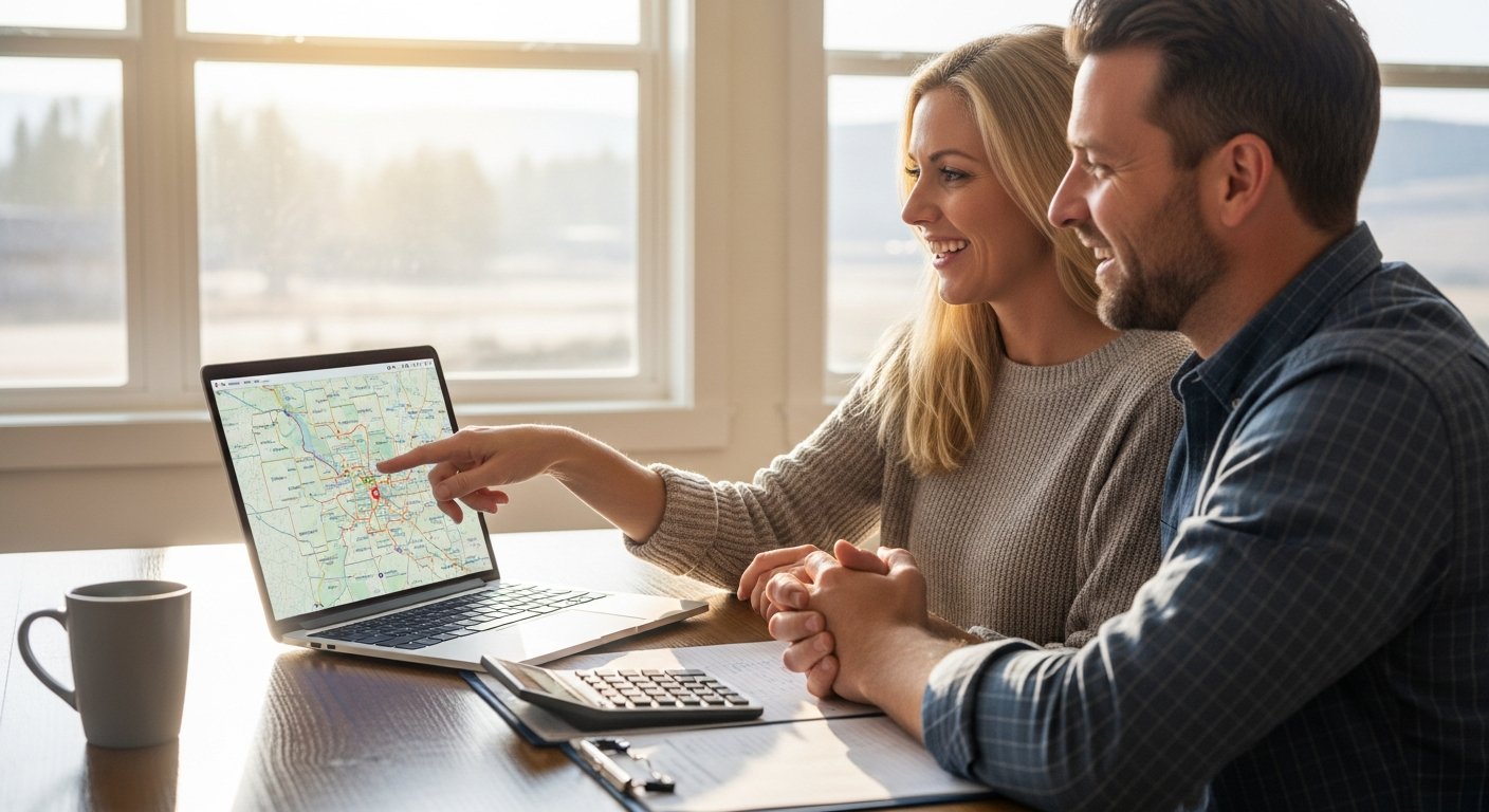Middle-aged man and woman at a sunlit kitchen table in Denver, looking at a laptop showing a Colorado county map with a…