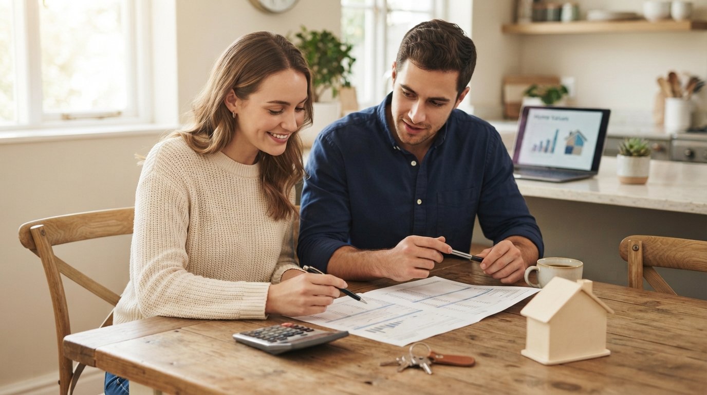 Couple in casual business attire reviewing a mortgage loan estimate at a kitchen table with a calculator, house keys, and a…