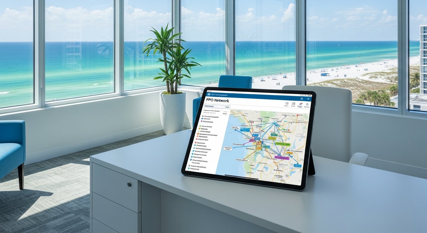 Middle-aged couple sitting at a modern desk with a licensed insurance advisor, viewing a tablet showing a PPO network map…