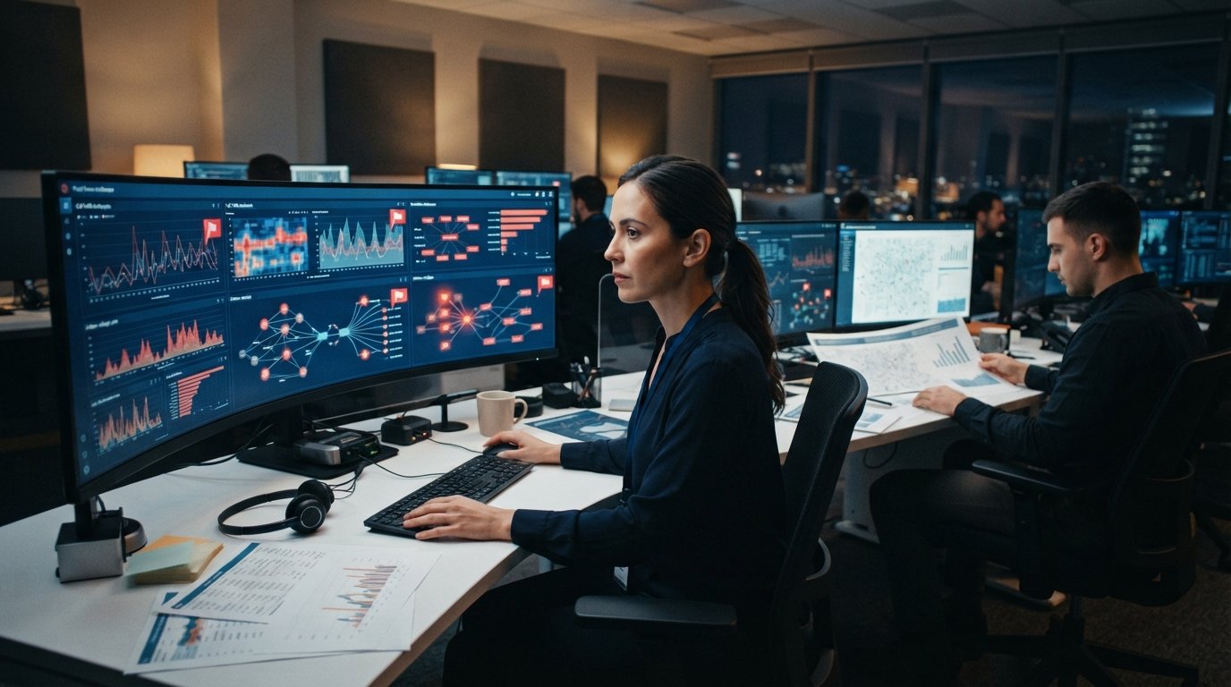Fraud analyst at a desk with large screens showing call traffic dashboards, red alert flags, and pattern graphs; a…